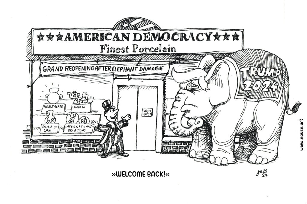 A black and white ink drawing. We see look at at classic Main Street store named »American Democracy - Finest Porcelain«. A banner on it says »Grand Reopening after Elephant damage«. In the shop window there are broken and roughly repaired porcelain vases and plates labelled »Healthcare«, »Union«, »Rule of Law« and »International Relations«. The shop owner stands in front of the store with arms wide open. He happily exclaims »Welcome back!« to a huge elephant with the face and hair of Donald Trump.